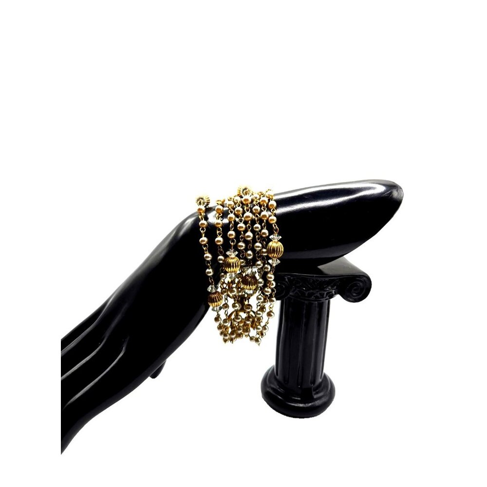 Vintage Signed Lisner Bracelet Multi-Strand Pearl Dangle Gold Beads Crystal 1950